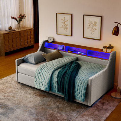 Lit simple tapissier beige, chargement sans fil, 3 lumières à DEL, 2 tiroirs de rangement, lit de tête de lit ajustable avec revêtement en lin, support, rangement,