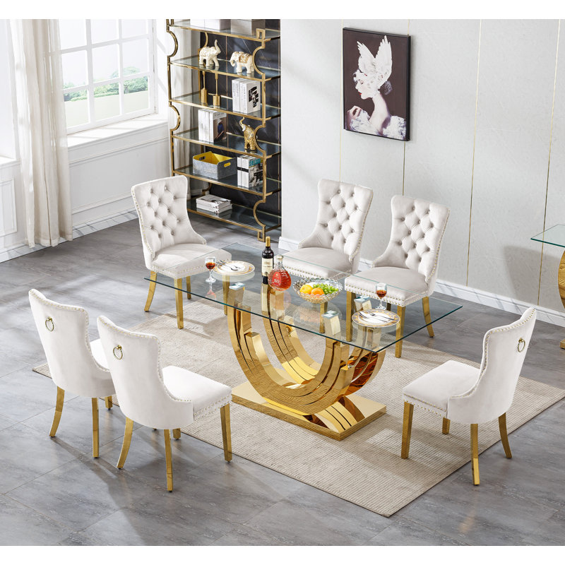 Modern Glass Dining Table Set, Clear Glass Dining Table with Stainless Steel Pedestal & Dining Chairs, 70" Rectangle Dining Room Table and Chairs Set, Luxury Kitchen Table Set