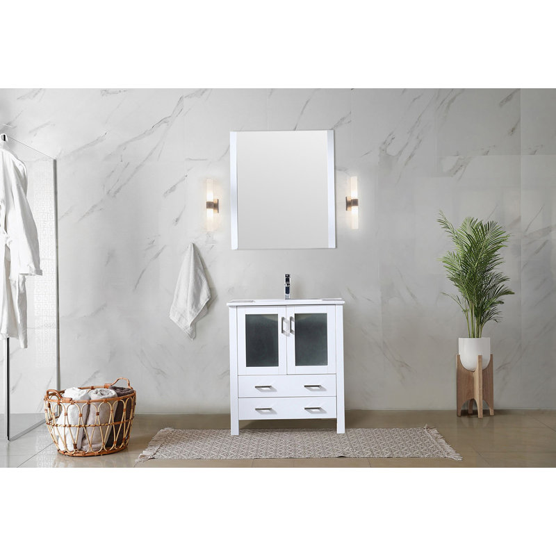 Meuble-lavabo de salle de bain 30 po X P 18,25 po D, dessus en céramique, ensemble de robinet, et. Miroir, Blanc