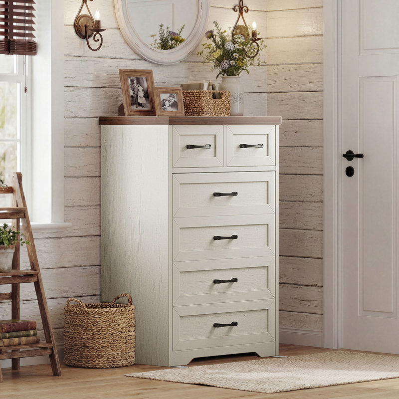 Commode verticale de ferme avec 6 grands tiroirs, commode de rangement haute avec rangement spacieux, commode de chambre à coucher avec structure en bois robuste