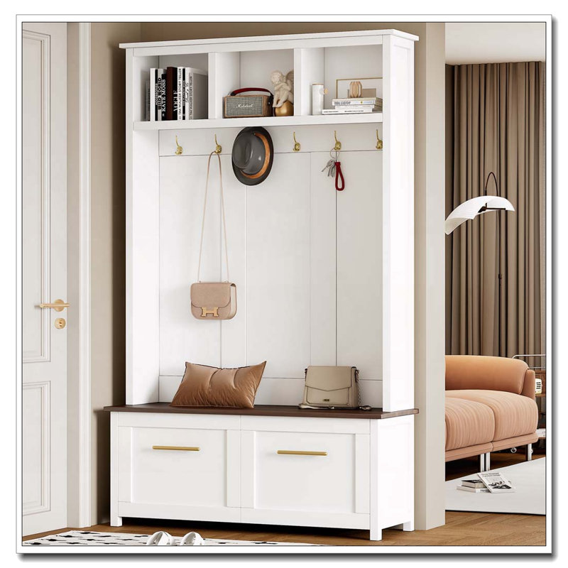 4-in-1 Hall Tree with 6 Golden Hooks, Wood Grain Bench with Multiple Storage Space, Black