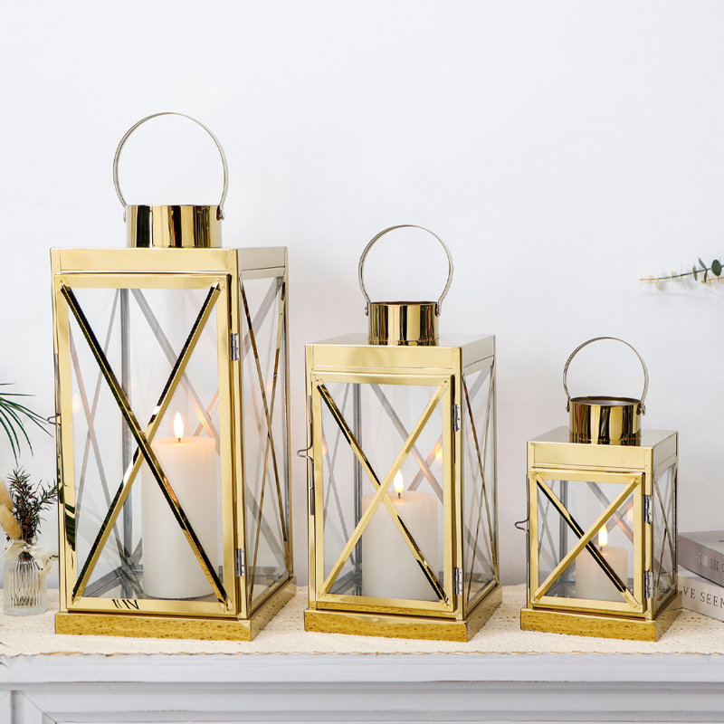 Silver Stainless Steel Lantern 3pcs-Square Elegance 8/12/16In, Gold