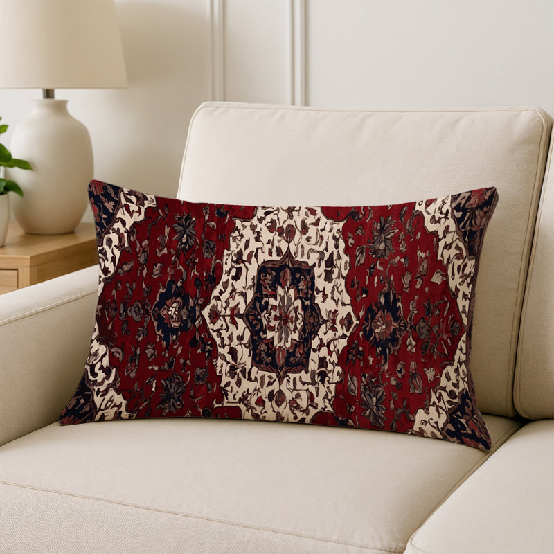 Coussin décoratif intérieur et extérieur Modern, Rouge / crème / damas brun, Rectangle H 20 po x l 14 po