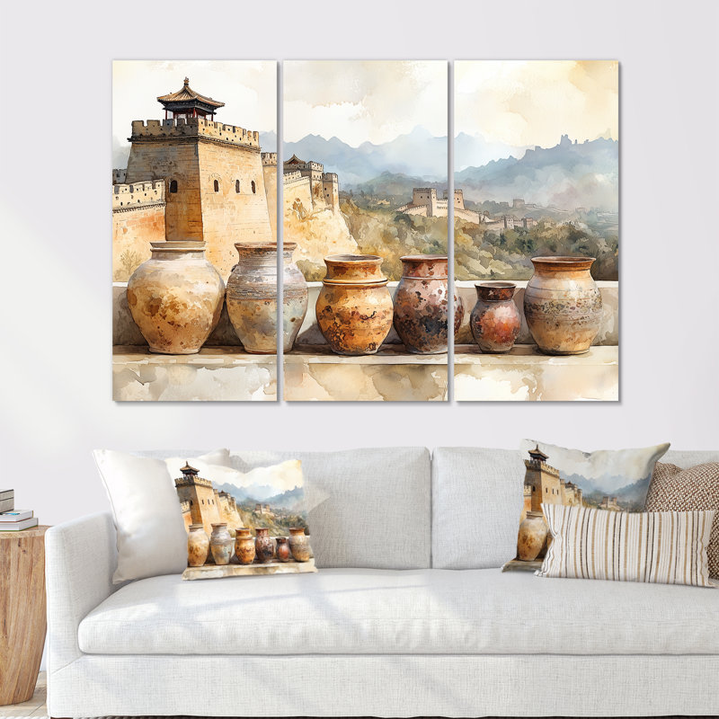«Great Wall China Pottery» dans des tons de beige et de gris - ensemble d'art mural Boho Pottery, Métal métal
