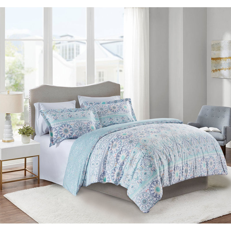Ensemble de housse de couette réversible en microfibre bleue 3 pièces, Housse de couette grand + 2 taies décoratives