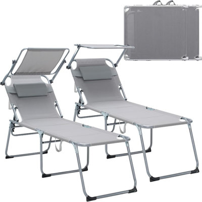Ensemble de 2 chaises longues pliantes avec auvent - Fauteuil de piscine inclinable réglable avec dossier et repose-pieds à 4 positions, siège en filet respirant, fauteuil de bronzage extérieur pour la plage, le patio, la pelouse, gris