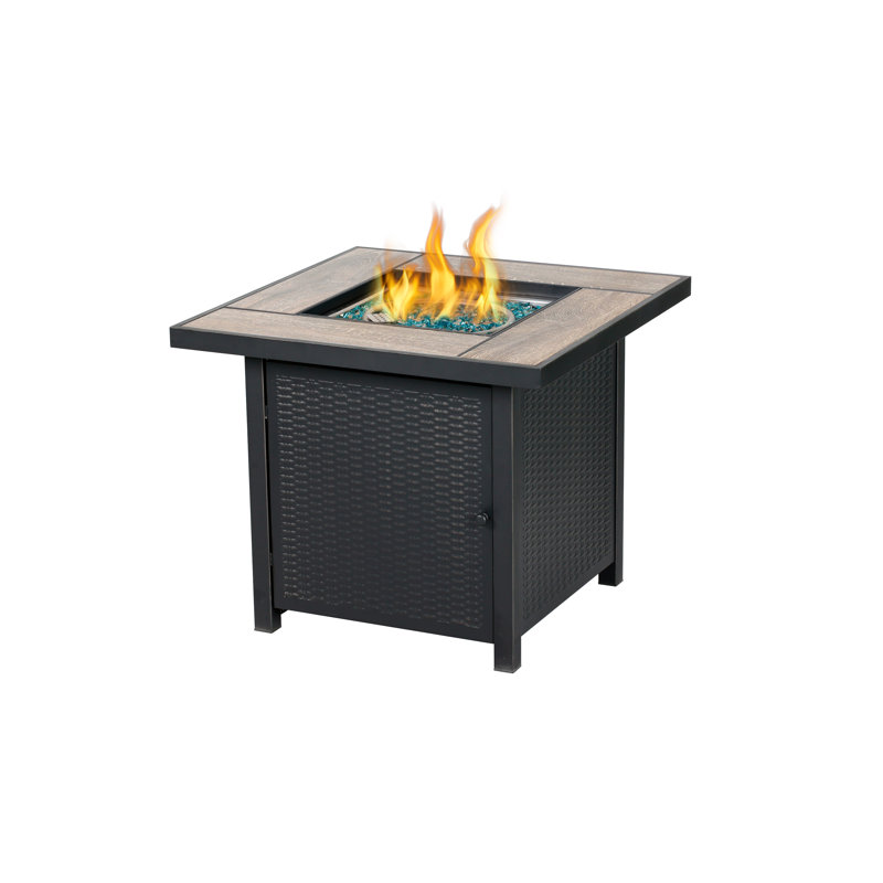 Foyer de table 30 po carré au gaz propane 50 000 BTU avec verre de feu et rangement caché - Structure en acier noir