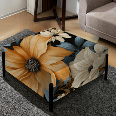 Motif de fleurs de ferme jaune et bleu - grand repose-pieds carré floral