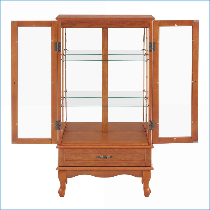 Cabinets, Traditional Walnut Brown Display Cabinet with LED Lights, Adjustable Shelves, Storage Drawer | MDF+Glass | Living Room