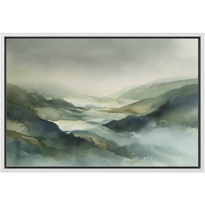Misty Mountain Landscape in Soft Green and Blue Tones Framed Canvas Master Bedroom Wall Art Work Print