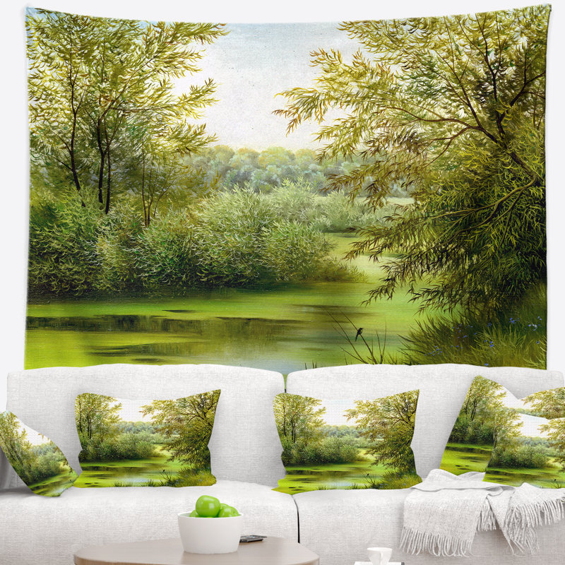 Tapisserie abstraite de paysage d'été vert, H 50 po x l 60 po