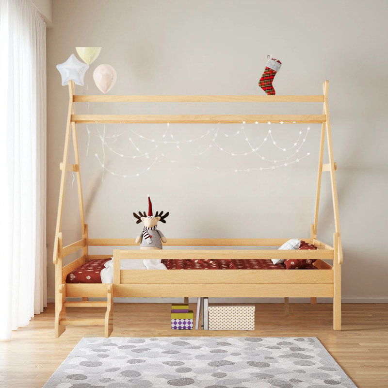 House Platform Bed With Stairs, Solid Wood Twin Bed Frame, Low Profile And Childlike Fun Design, Natural, Full