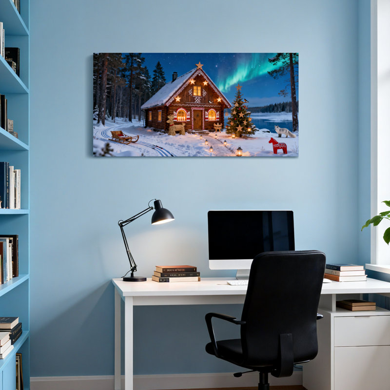 Maison de Noël d'hiver avec aurores boréales et décorations de Noël, H 28 po x l 58 po