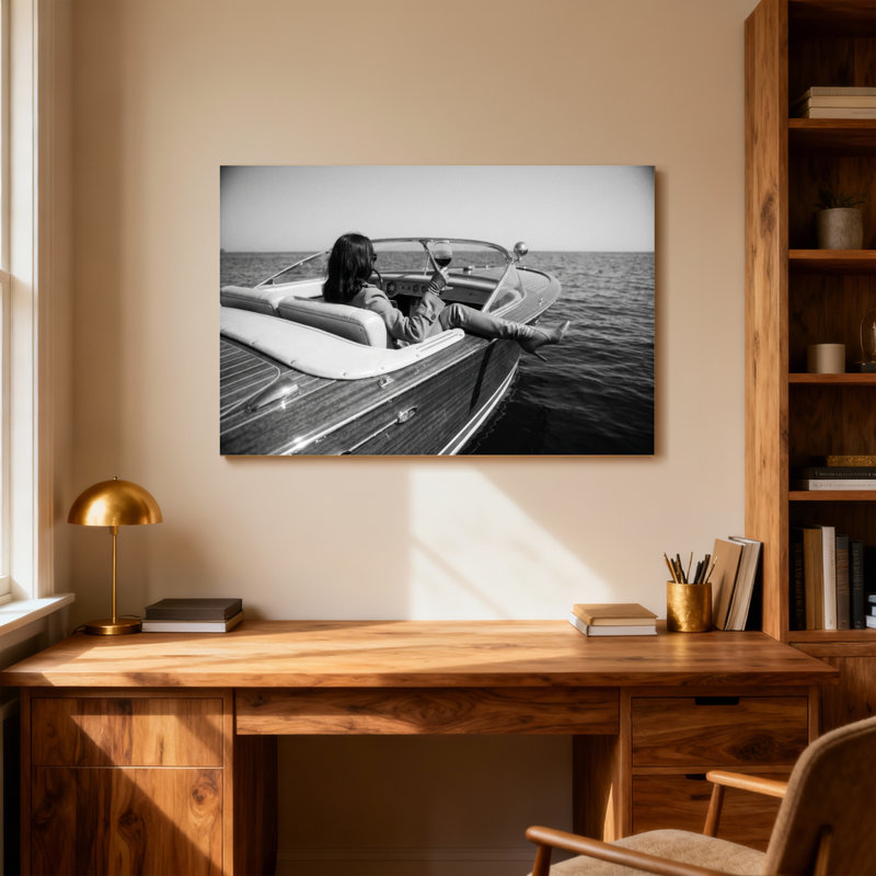 Femme à la mode relaxante sur un bateau tenant un verre à vin, H 12 po x l 18 po