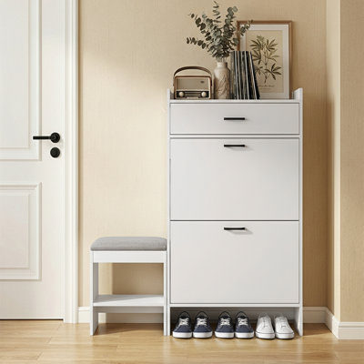 2-Drawer Shoe Cabinet With Flip Top Cushioned Stool 1 Hook 46.1" Width
