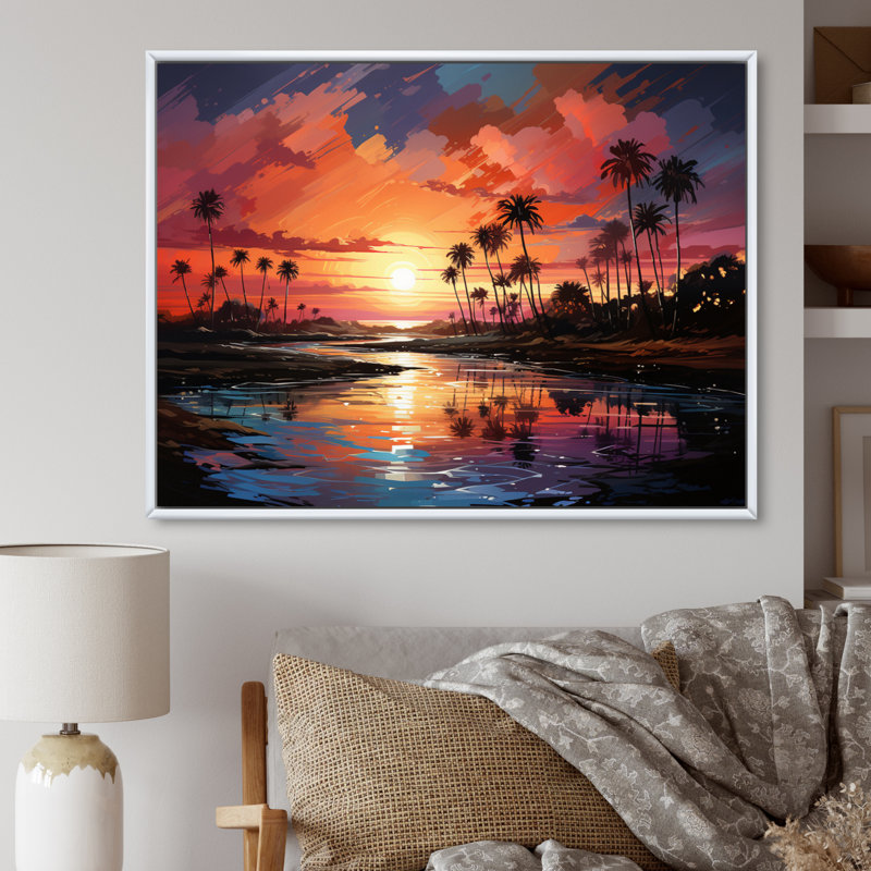 «Palm Trees Abstract Landscape III», reproduction sur toile, H 16 po x l 32 po x P 1 po, Cadre flottant blanc