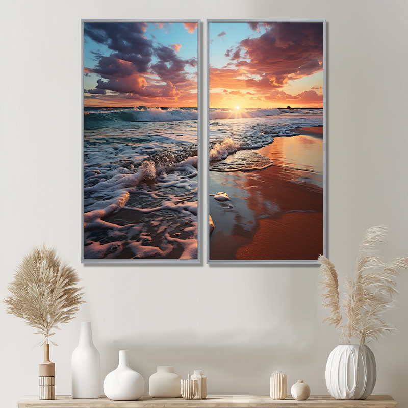 Coucher de soleil Horizon III - Grandes impressions côtières sur toile 2 panneaux, H 40 po x l 40 po, Argent argent