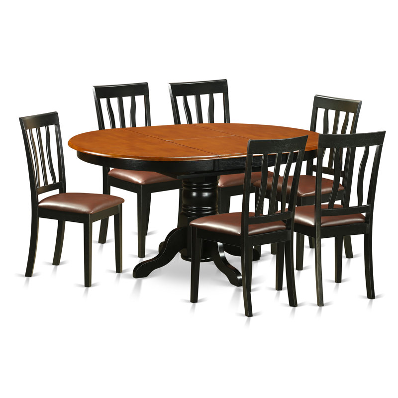 Ensemble de table de salle à manger 7 pièces composé d'une table de cuisine ovale avec rallonge papillon et de 6 chaises de salle à manger rembourrées en similicuir, noir et cerise