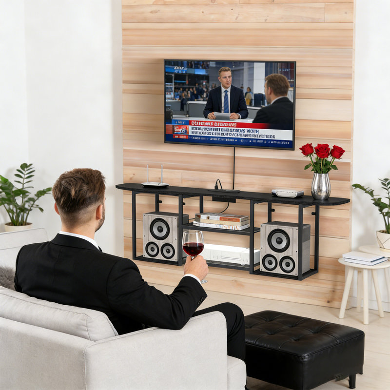 Meuble télé 47,2 po avec prise de courant flottante, console média en métal noir et grain de bois pour rangement sous la télé