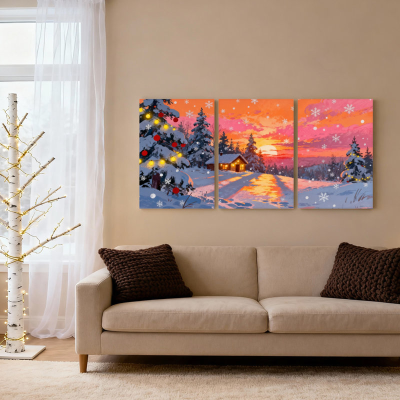Ensemble de 3 toiles murales représentant un sapin de Noël, un chalet et un coucher de soleil sur un paysage d'hiver