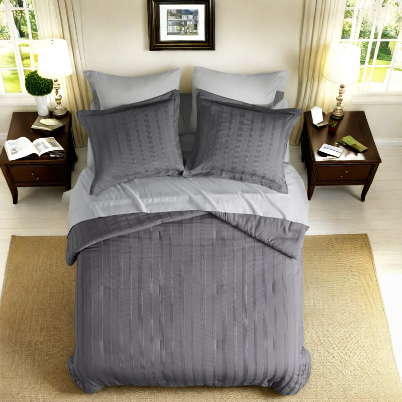 Cal King Comforter Set, Polyester Woven Stripes, Minimalist Design Bedroom