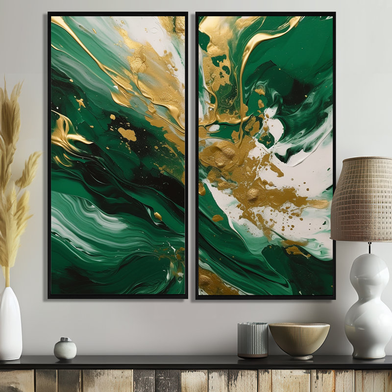 Vert et or Cascade sereine II - Grandes impressions abstraites sur toile, 2 panneaux, H 32 po x l 32 po, Noir