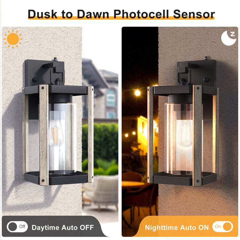 1-Light 13''H Black and White Wood Grain Iron ETL Outdoor Wall Lantern with Dusk to Dawn, Matte Black/White Wood Grain