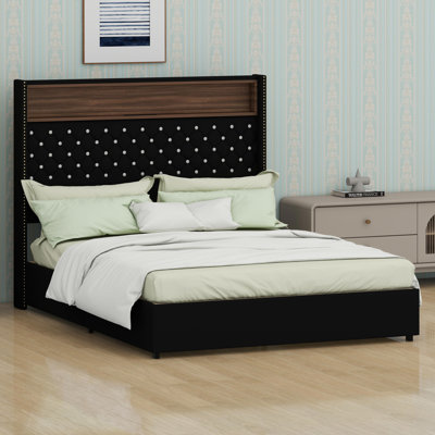 High-Back Wing-Style Platform Bed with Tufted Design, Rivet Trim, Headboard Storage Shelf, USB Connectivity, and Night Light