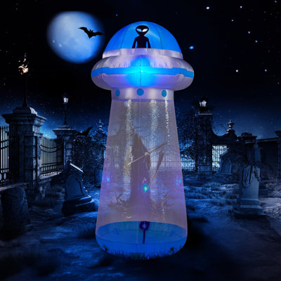8.8FT Halloween Inflatable UFO Yard Decoration with Built-In LED Lights, Stand-Inside Interactive Blow Up Alien Spaceship Decor with Fan, Stakes & Ropes for Indoor Outdoor Lawn Garden Party