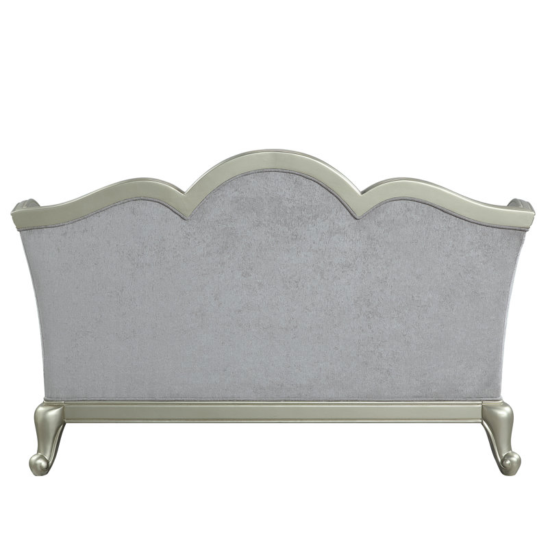 66" Light Gray Linen Loveseat with Champagne Wood Trim