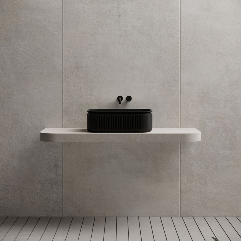 MonBlari 22" X 14" Oval Solid Surface Matte Black Fluted Vessel Sink, Matte Black