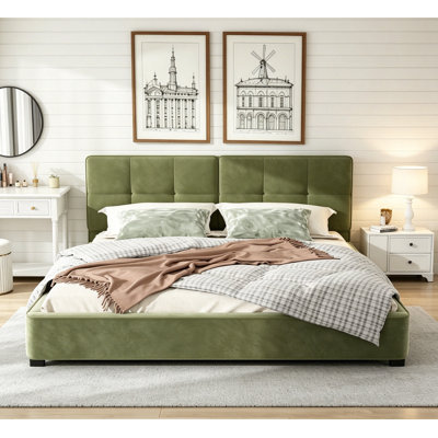 King Size Velvet Bed Frame, Upholstered Platform Bed with Curved Tufted Headboard & Soft Square Corners, Olive Green