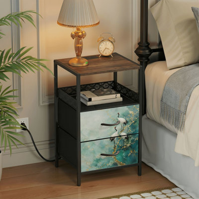 2 Drawers Nightstand with Charging Station, Bedroom Nightstand with USB Ports &amp; Outlets Open Shelf Black, night stand with Elegant White Cranes Branch Gold Accents Teal Print