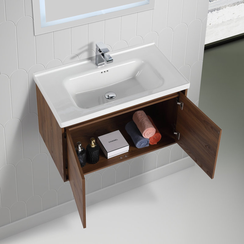 Gennep 32" Wall-Mounted Bathroom Vanity with Sink – Floating Wood Cabinet with Soft-Close Storage & Integrated Ceramic Top