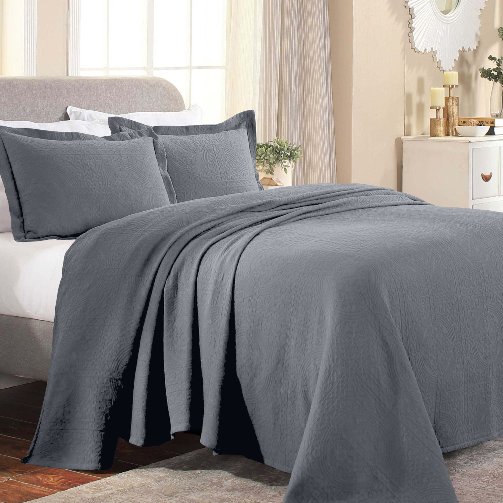 Swanton Cotton Coverlet Set, Gray, King Coverlet + 2 Shams