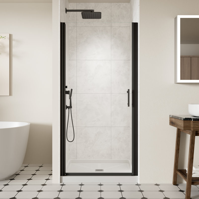 Porte de douche sans cadre de l 34 po x l 3/8 po x H 72 po, portes de verre pivotantes avec verre trempé clair de 1/4 po (6 mm), porte de douche battante noire matte réglable