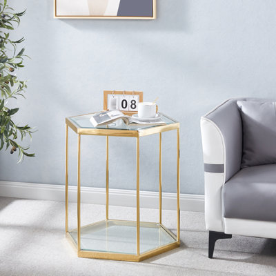 Table de bout en verre à 2 couches avec cadre à finition dorée - combinable, option de rangement en acier inoxydable doré et solution polyvalente