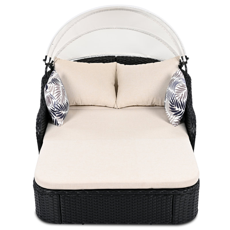 79.9" Outdoor Double Lounge Sunbed – Pe Rattan Daybed With Adjustable Canopy, Black Wicker & Beige Cushions, Curved Armrests, 4 Pillows (2 Large Beige + 2 Decorative), Horn Buckle For Cushion Stability