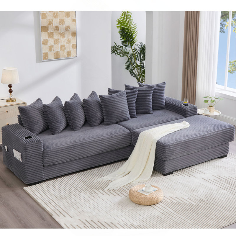 Canapé modulaire en L 110,75 po, canapé modulaire en velours côtelé, avec repose-pieds mobile, porte-gobelets, 8 coussins décoratifs, poche latérale, déplier dans un lit