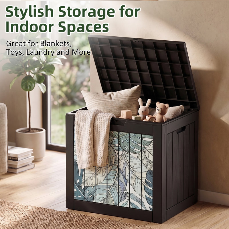 35 Gallon Black Decorative Print Resin Deck Box with Decorative Printed Panels