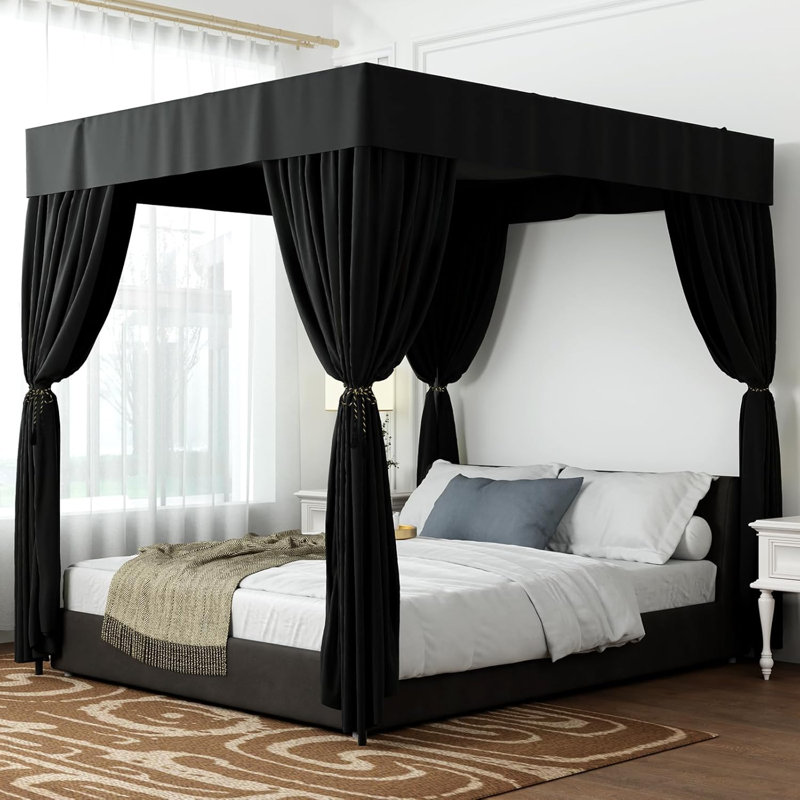 Black Canopy Bed Drapes - 4 Corner Post Canopy Queen Bedroom Decoration (Queen, Black)