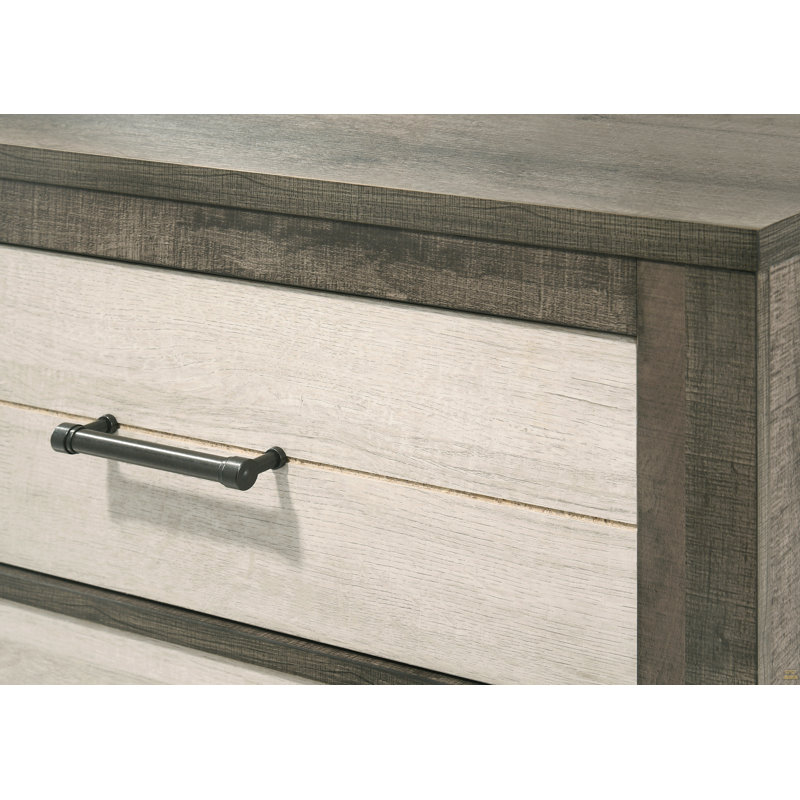 Table de chevet 1pc, finition bicolore, commode, rangement de chevet, deux tiroirs, poignée en métal, gris, beige