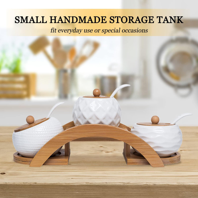 Porcelain Condiment Jar Spice Container With Bamboo Lids & Tray, Ceramic Serving Spoon, Set Of 3, White, 170ML(5.8 OZ), Perfect Spice Storage For Home, Kitchen