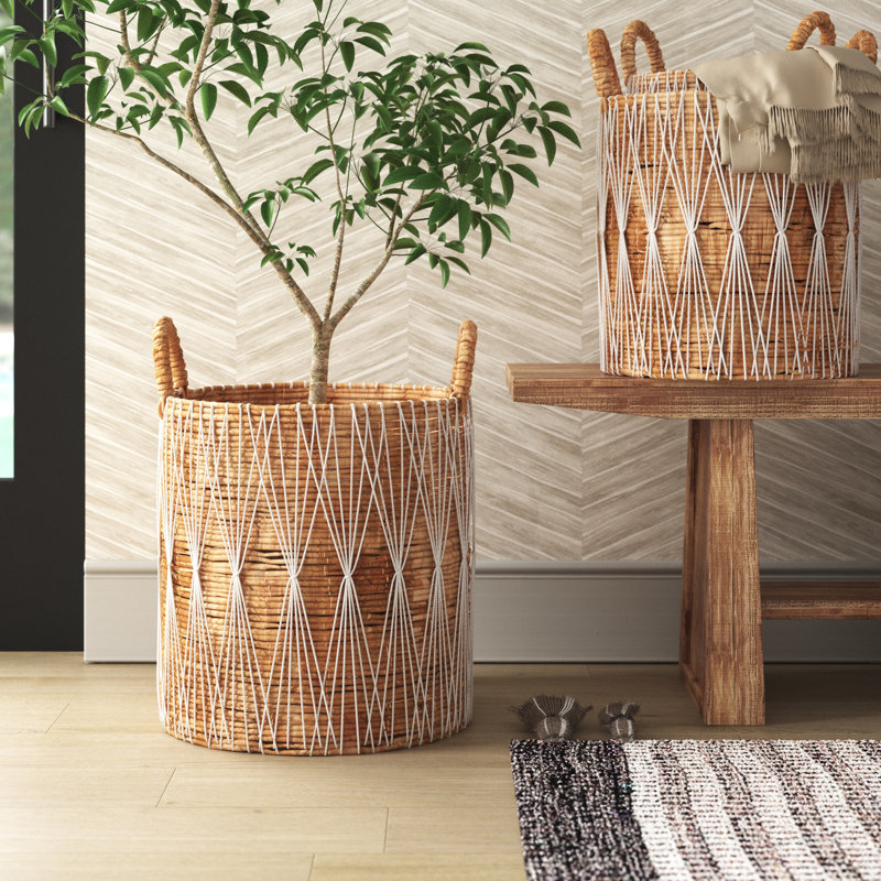 Handmade Bohemian Wicker Basket With Handles - Set of 3