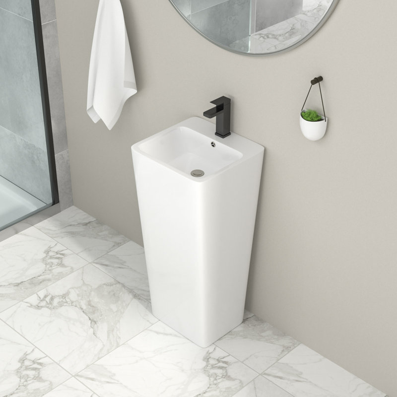 33" Tall 16" Ceramic Rectangle Pedestal Sink One-Piece Vitreous China Modern Pedestal Sink With Overflow