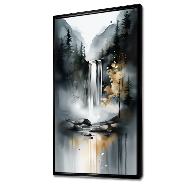 «Gray Gold Autumn Waterfall Forest Trail II», reproduction d'art encadrée sur toile, 40" H x 20" W, Cadre flottant noir
