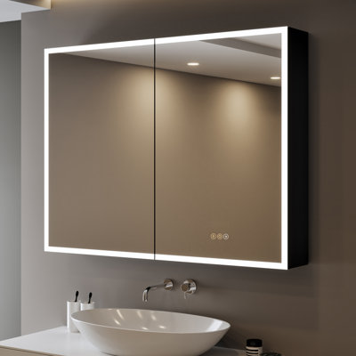 32" H X 40" W Flora Black Aluminum Surface/Recessed Mount Medicine Cabinet with Mirrors, Anti‑Fog, 3‑Colour Dimmable Lighting and Adjustable Glass Shelves for Bathroom