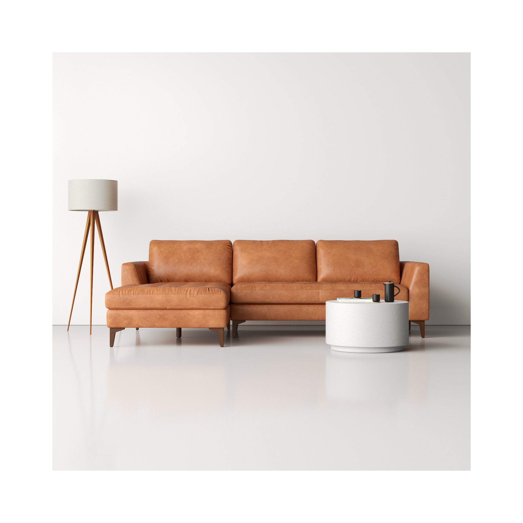  Full-Grain Genuine Italian Leather Sectional Sofa, Left Hand Facing, Cognac Tan Genuine Leather, Walnut