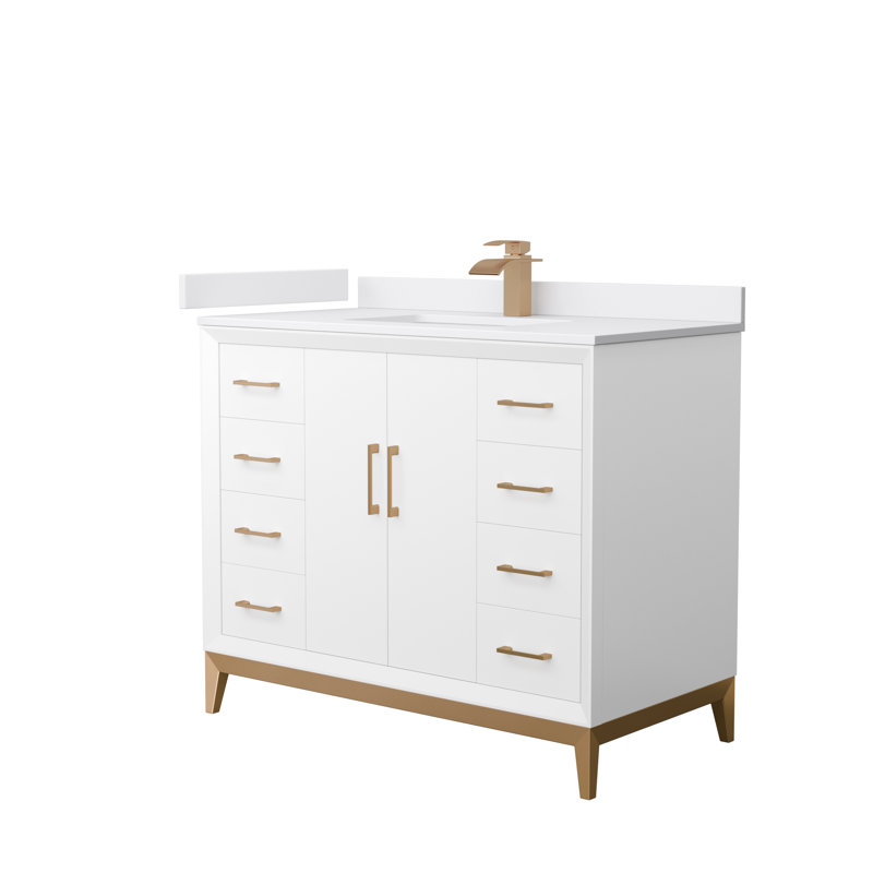 Amici 60" Single Bathroom Vanity Set, Cultured Marble (White), Satin Bronze, 42"