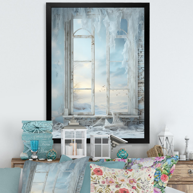 «Winter Window Frozen Glass I», art mural paysage d'hiver, Cadre simple noir, H 20 po x l 12 po x P 1 po